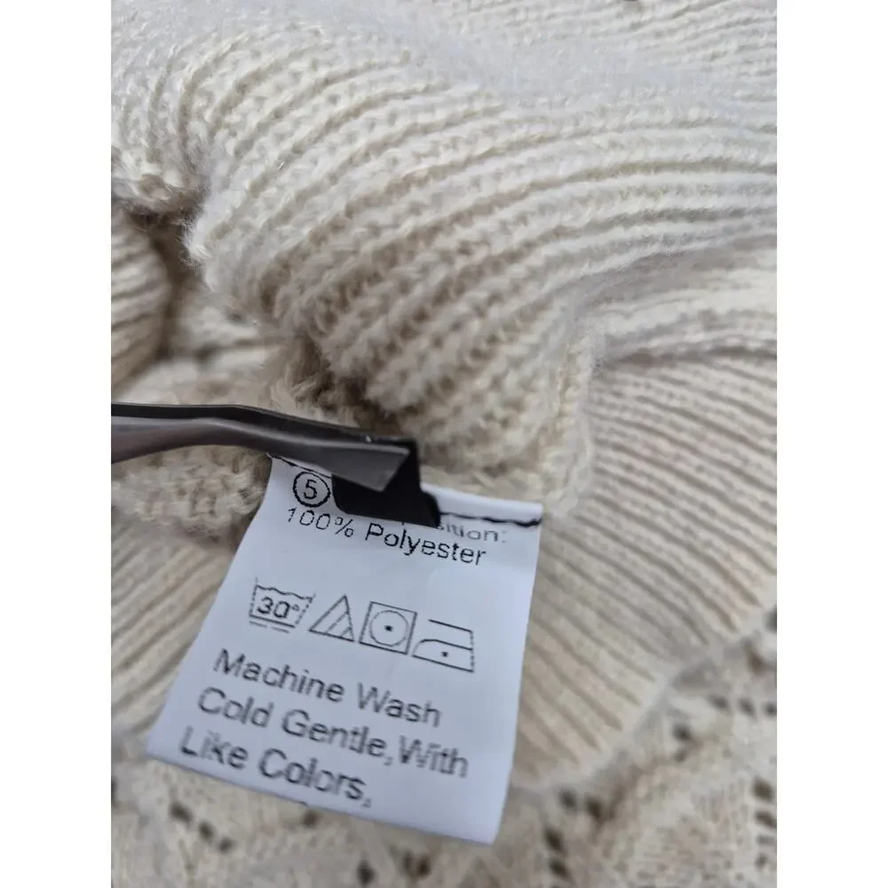 Beige Crochet Knit Boat Neck Sweater Ribbed Trim L